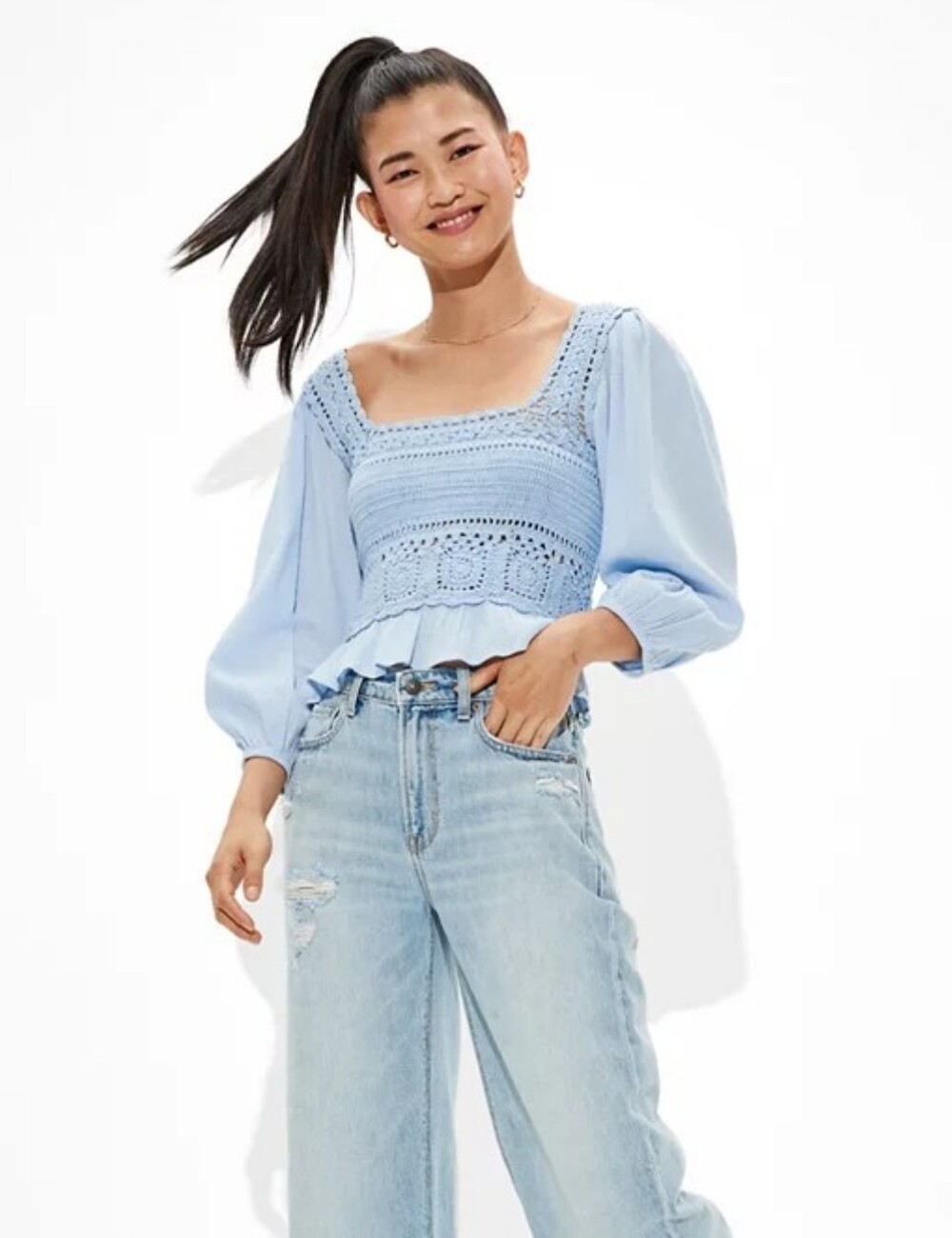 AE Crochet Smocked Peplum Ruffle Blouse Light Blue Coastal Boho